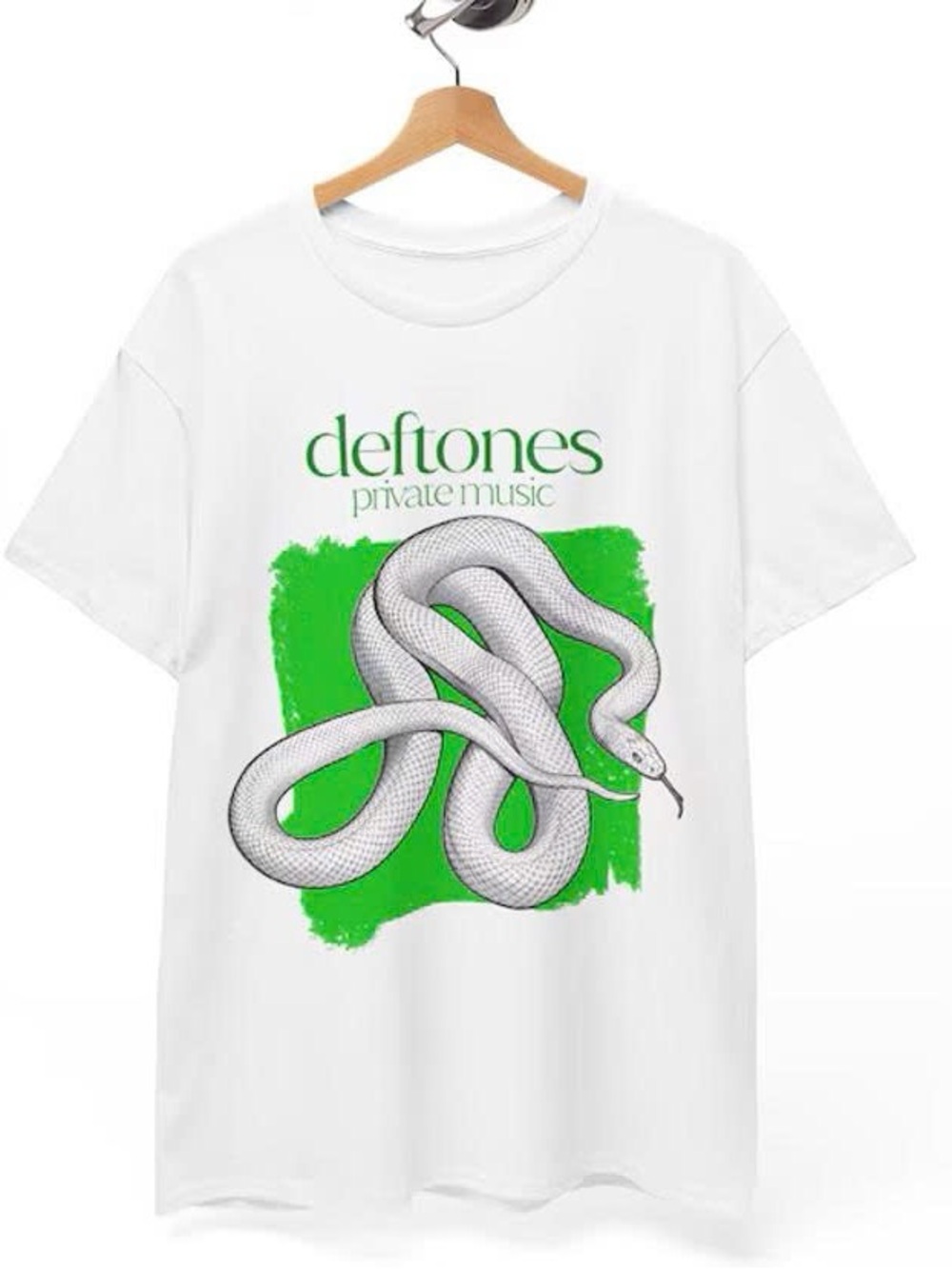 White Tee with Green Block and White Snake Graphic